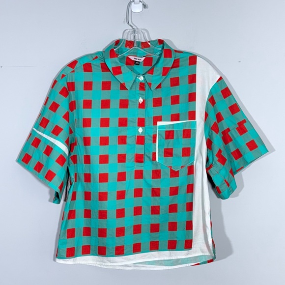 The Kit NYC |Checkered Asymmetrical Geometric Print Boxy Collared Shirt Top XS - Picture 2 of 10